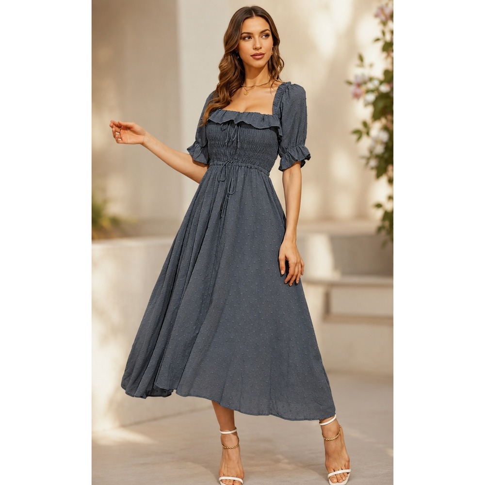 R.YIPOSHA Milkmaid Midi Dress Romantic Cottagecore Gray Cotton Size XL Soft Girl